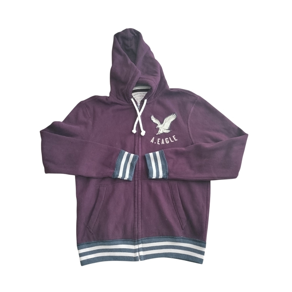"American Eagle Vintage Fleece Full Zip Hoodie Maroon Striped Cuff L"